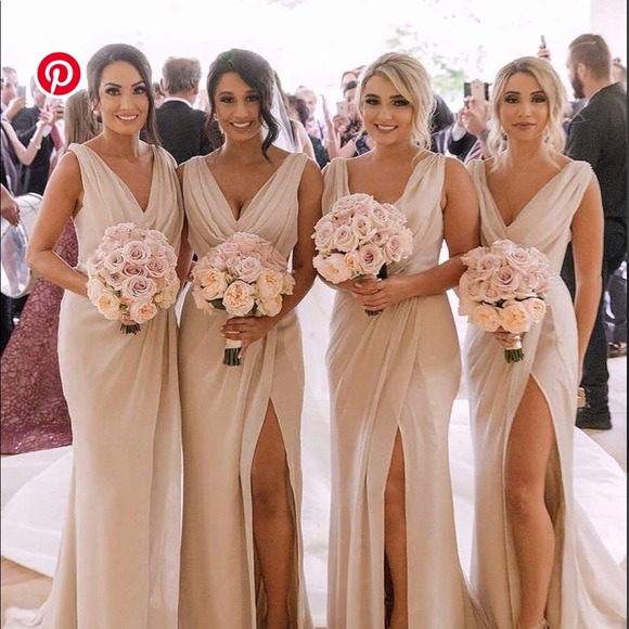 Modest champagne long bridesmaid dress with slit VB1003 - Picture 4 of 4